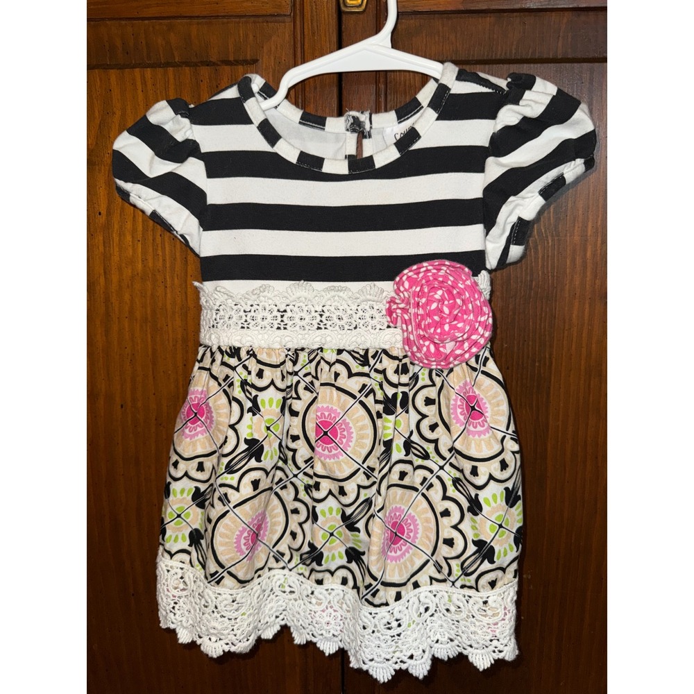 Counting Daisies Girls 18M Striped Floral Lace Trim Boho Dress Pink Black